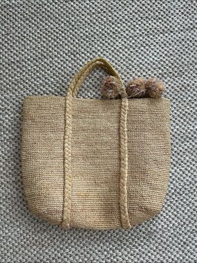 Bonpoint Natural Straw Tote with Braided Handles and Pom-Pom Detail